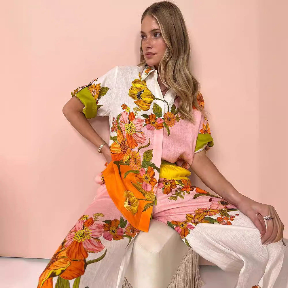 Floral Cotton And Linen Wide Leg Two-piece Suit