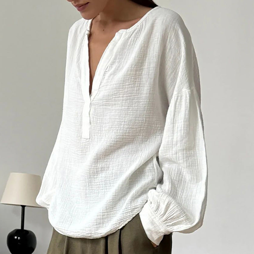 Simple Pure Cotton Lantern Sleeve Blouse